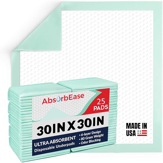 AbsorbEase® Ultra Absorbent Disposable Underpads - 25 Count Waterproof Large 30" x 30" Bed Pads for Incontinence - Leakproof Fast Drying, Baby, Puppy & Adults Bed Pads, Dog Pee Pads