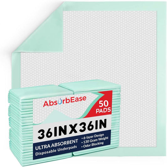 Ultra Absorbent Incontinence Bed Pads 36x36 Inches (Pack of 50), Large Disposable Underpads with Ultra Heavy Absorbency, Thick Quilted Chucks Pee Pads for Adults, Kids and Babies, Green