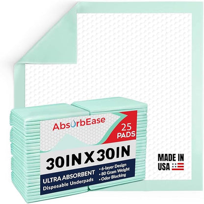 AbsorbEase® Ultra Absorbent Disposable Underpads - 25 Count Waterproof Large 30" x 30" Bed Pads for Incontinence - Leakproof Fast Drying, Baby, Puppy & Adults Bed Pads, Dog Pee Pads
