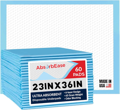 AbsorbEase® Disposable Underpads 23'' X 36''  Incontinence Pads, Chux, Bed Covers, Puppy Training | Thick, Super Absorbent Protection for Kids, Adults, Elderly | Liquid, Urine, Accidents
